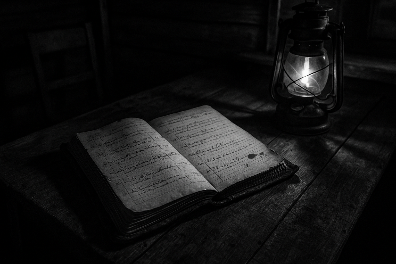 A BLACK AND WHITE DRAMATIC PHOTO OF A USED LOGBOOK SITTING ON A OLD WOODEN DESK IN AN OUTPST OR OFF GRID CABIN